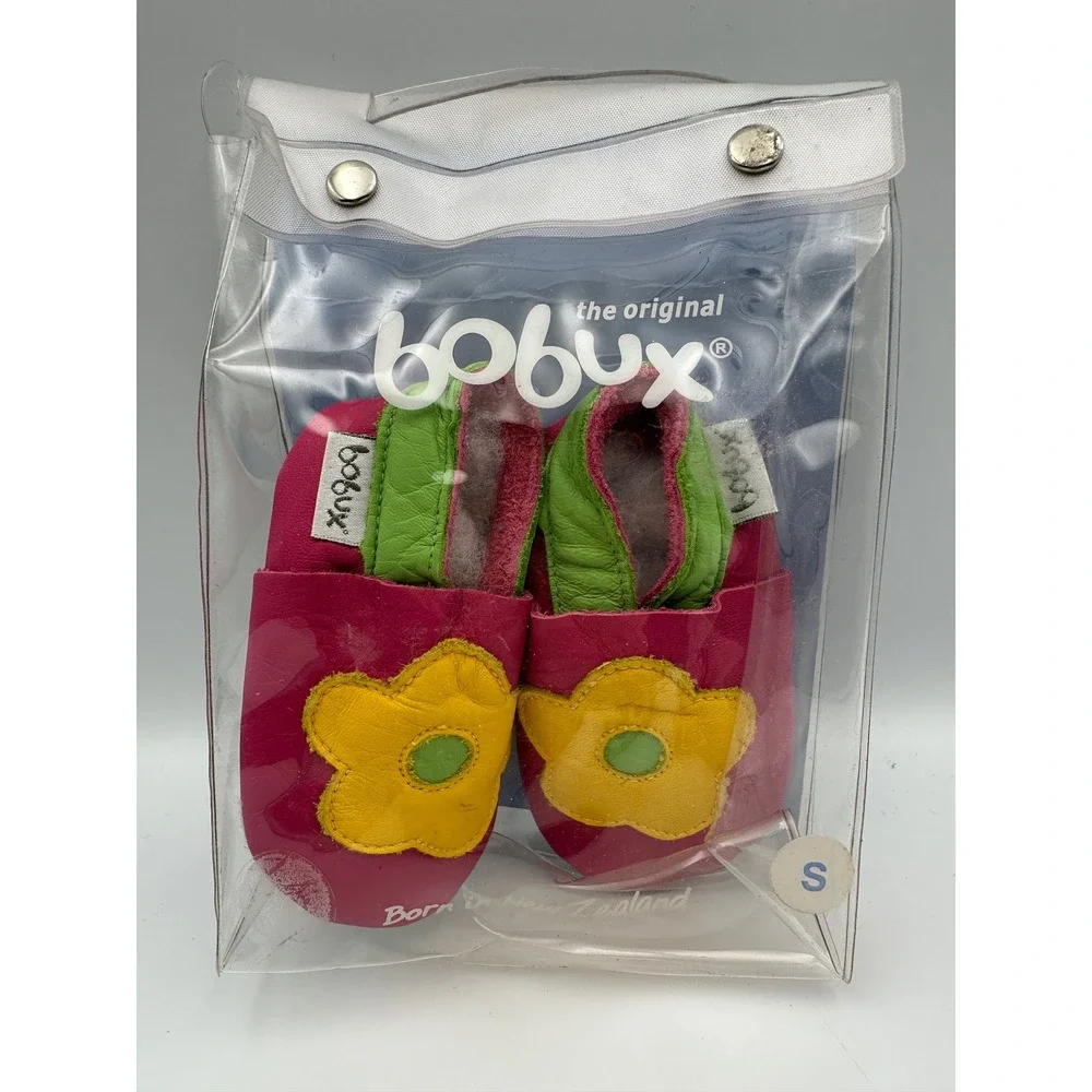 NEW Bobux Soft Sole Leather Baby Shoes Small Pink Yellow Flower Moccasins Infant